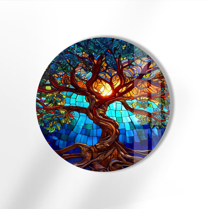 Stained Tree of Life Round Glass Wall Art print picture on glass, Tempered Glass Wall Art