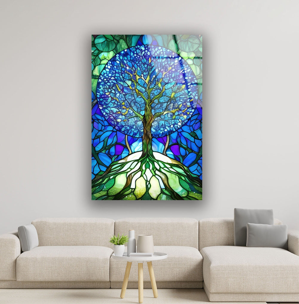 Stained Glass Of Tree Of Life In Blue Glass Wall Art, glass wall decor, glass wall art decor