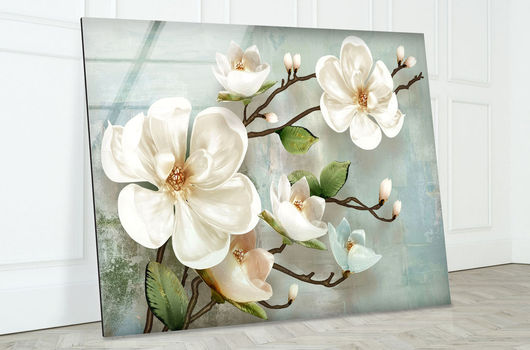 Magnolias Oil Paintings Glass Wall Art, picture on glass wall art, photos printed on glass