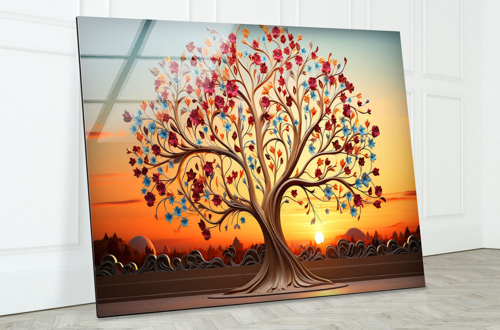 Colorful Tree At Sunset Glass Wall Art, glass wall decor, glass wall art decor