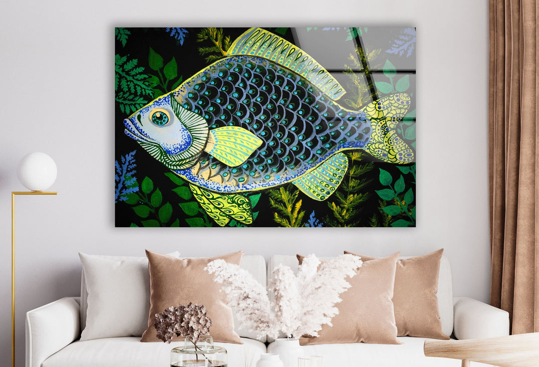 Fish Doodles Art Glass Wall Art photo print on glass, prints on glass wall art