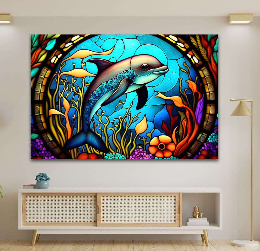 Dolphin in The Ocean Glass Wall Art print on glass, glass printed photos