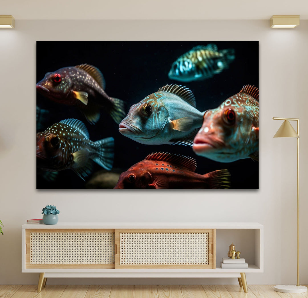 Colorful Fish Swimming Glass Wall Art print picture on glass, Tempered Glass Wall Art