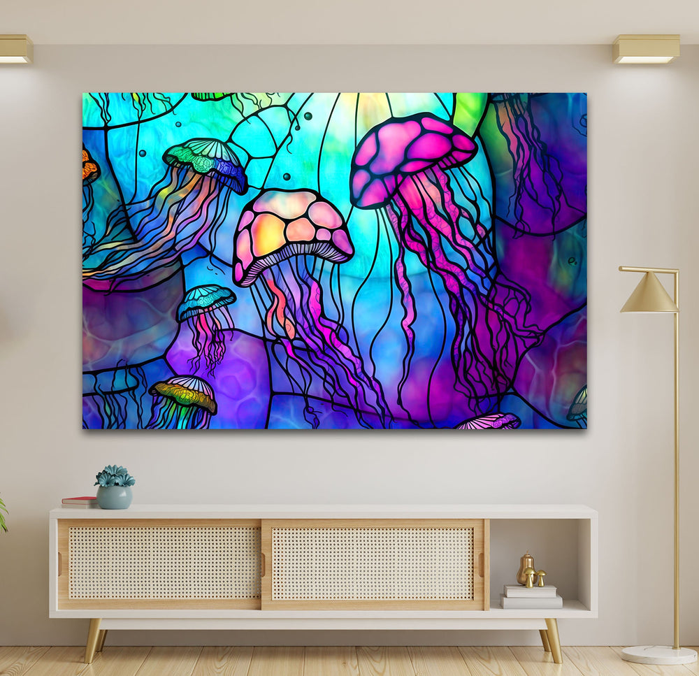 Colored Jellyfish Glass Wall Art glass image printing, glass prints from photos