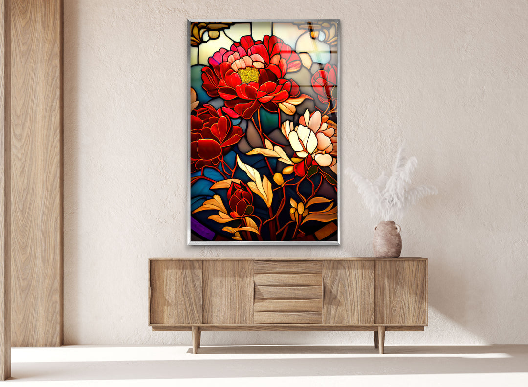 Red Peonies Stained Glass Wall Art, large glass photo prints, glass wall photos