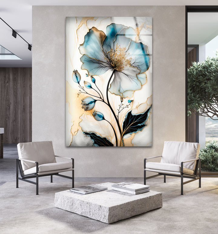 Blue Floral Oil Painting Glass Wall Art, glass wall decor, glass wall art decor