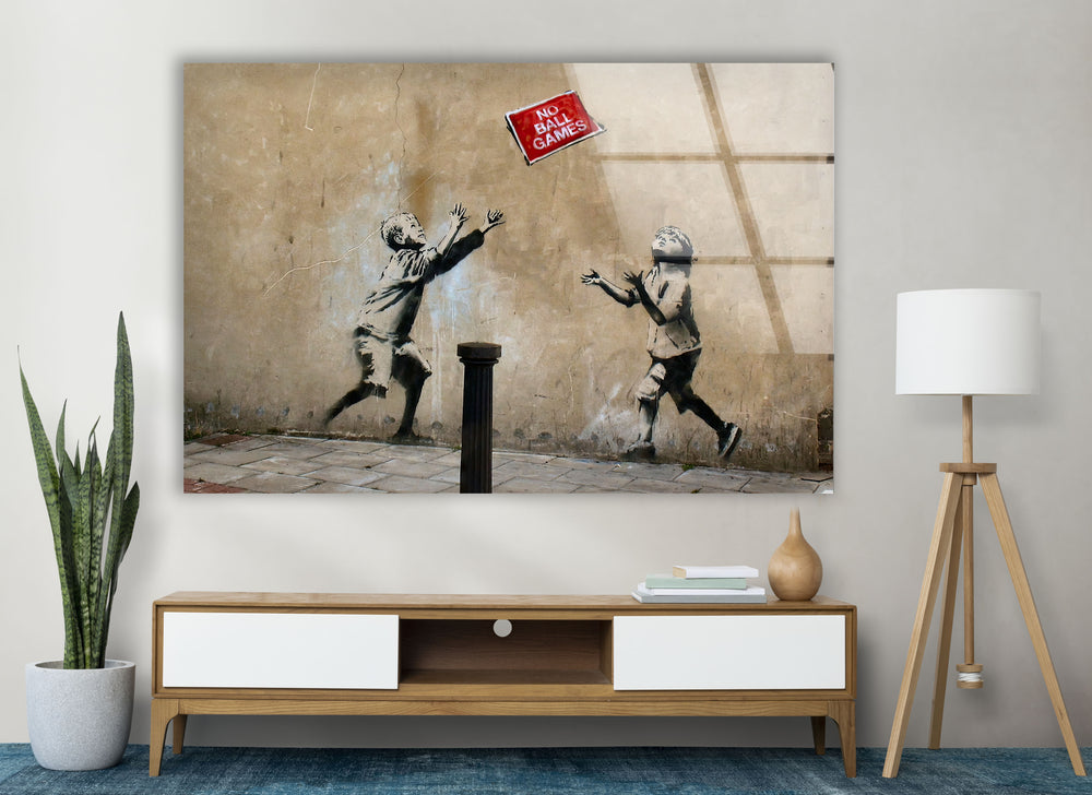 Banksy No Ball Games Glass Wall Art - Transform your home with Banksy wall art, available in various sizes and designs. Shop our collection of Banksy paintings for sale, including original art and prints. Buy Banksy art and enjoy the vibrant, thought-provoking imagery that defines his work.