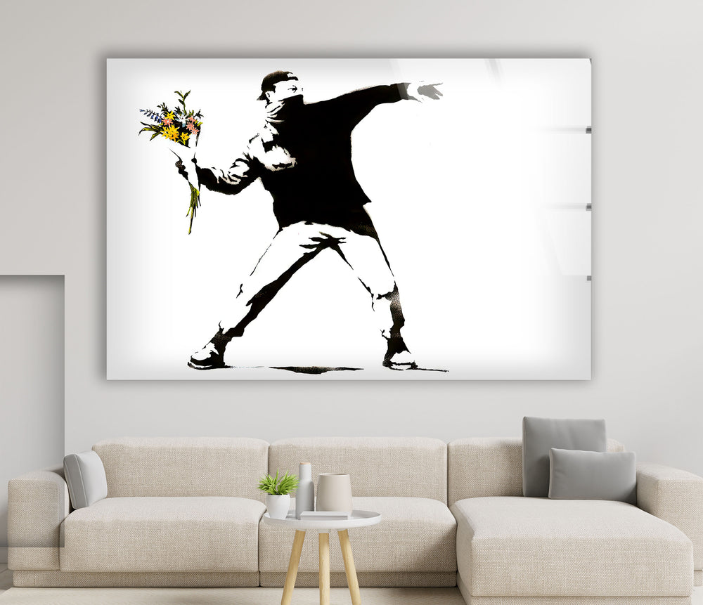 Banksy Flower Thrower Glass Wall Art - Artdesigna Glass Printing Wall Arts - Banksy paintings for sale